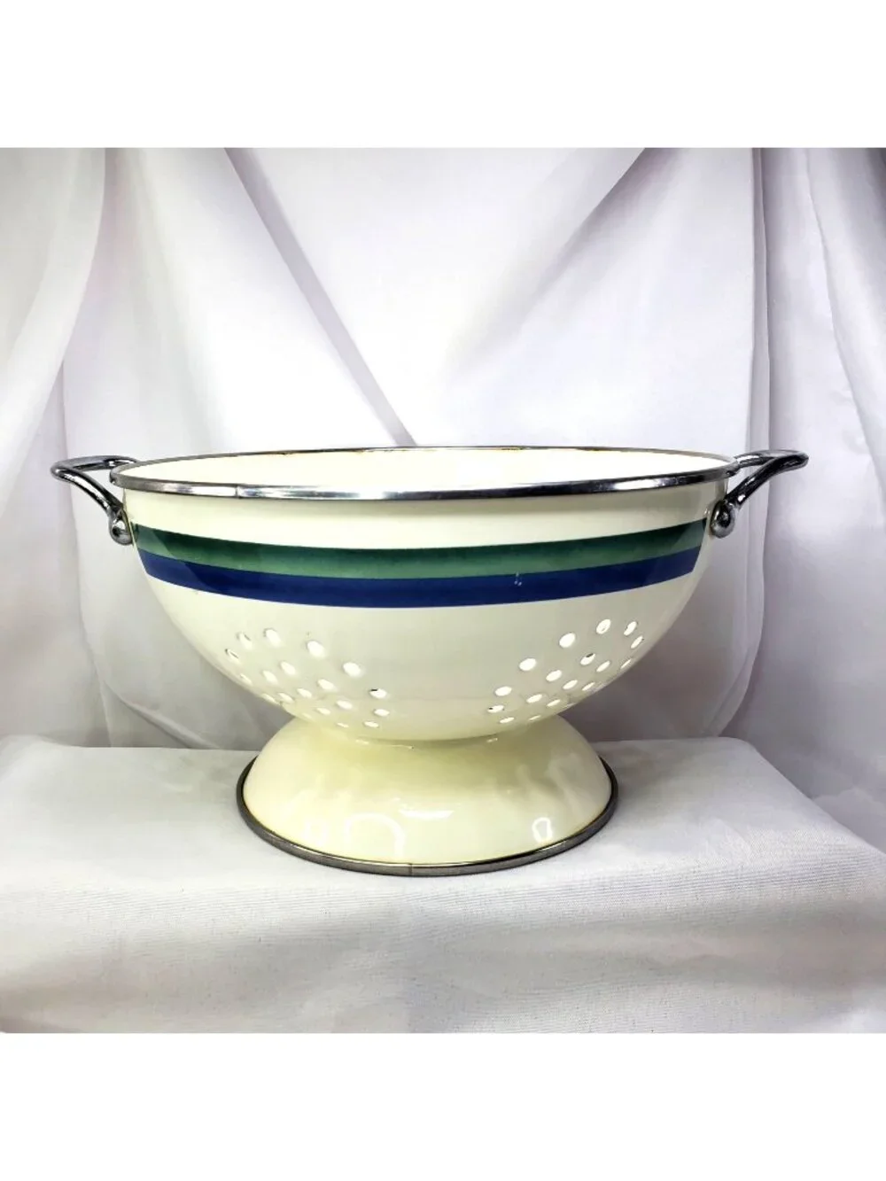 Vintage Pfaltzgraff Metal Enamel Colander Strainer Striped 9